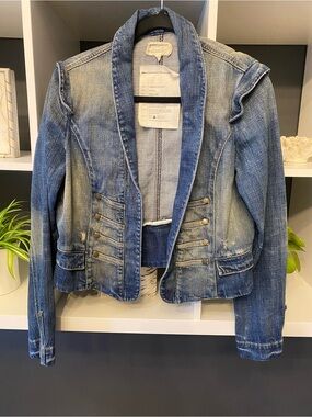 Current/Elliott Faded Blue Distressed Military-Style Denim Jacket Size Medium